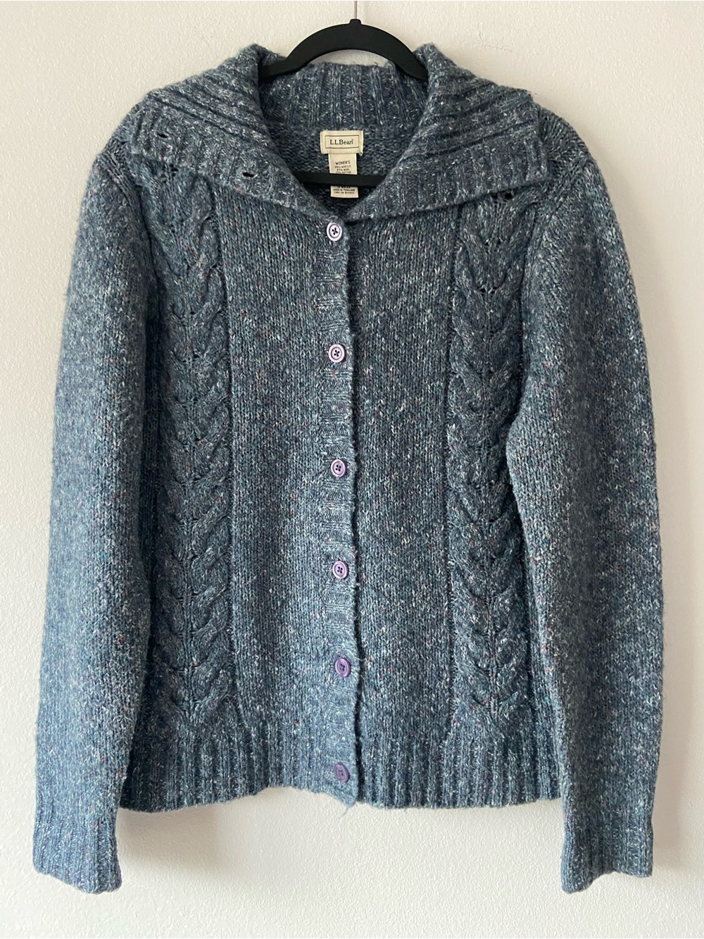 L.L.Bean Wool Blend Cable Knit Cardigan Sweater Blue Size M